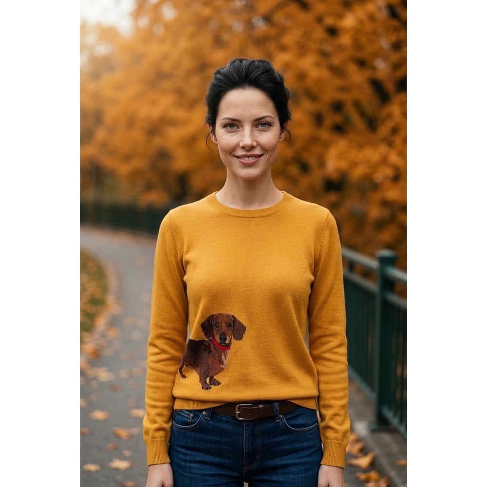 Sugarhill Brighton Mustard Yellow Dachshund Dog Knit Sweater Womens UK 14 US M/L